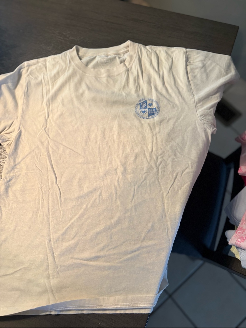PINK Victoria's Secret Cream Short Sleeve Tee with Small Blue Logo